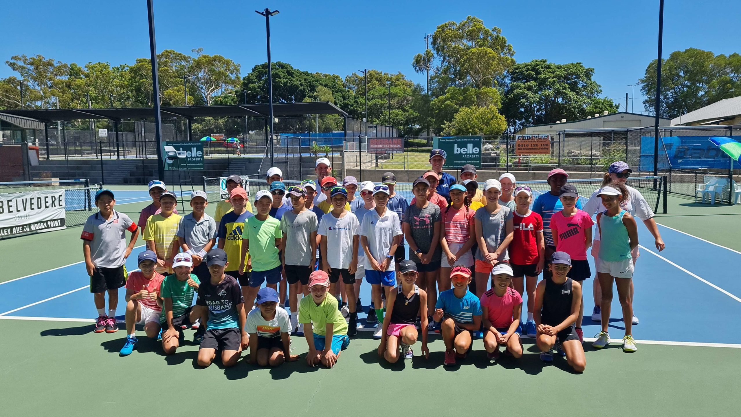 GRoup photo of kids attending the Focus Tennis Academy school holiday clinic